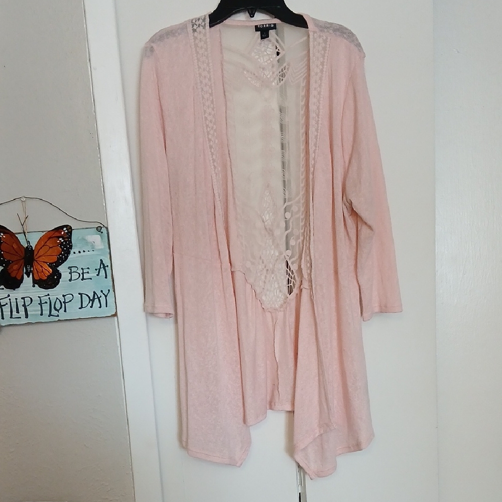 Ava & Viv Blush Pink Open-Front Lace Trim Cardigan